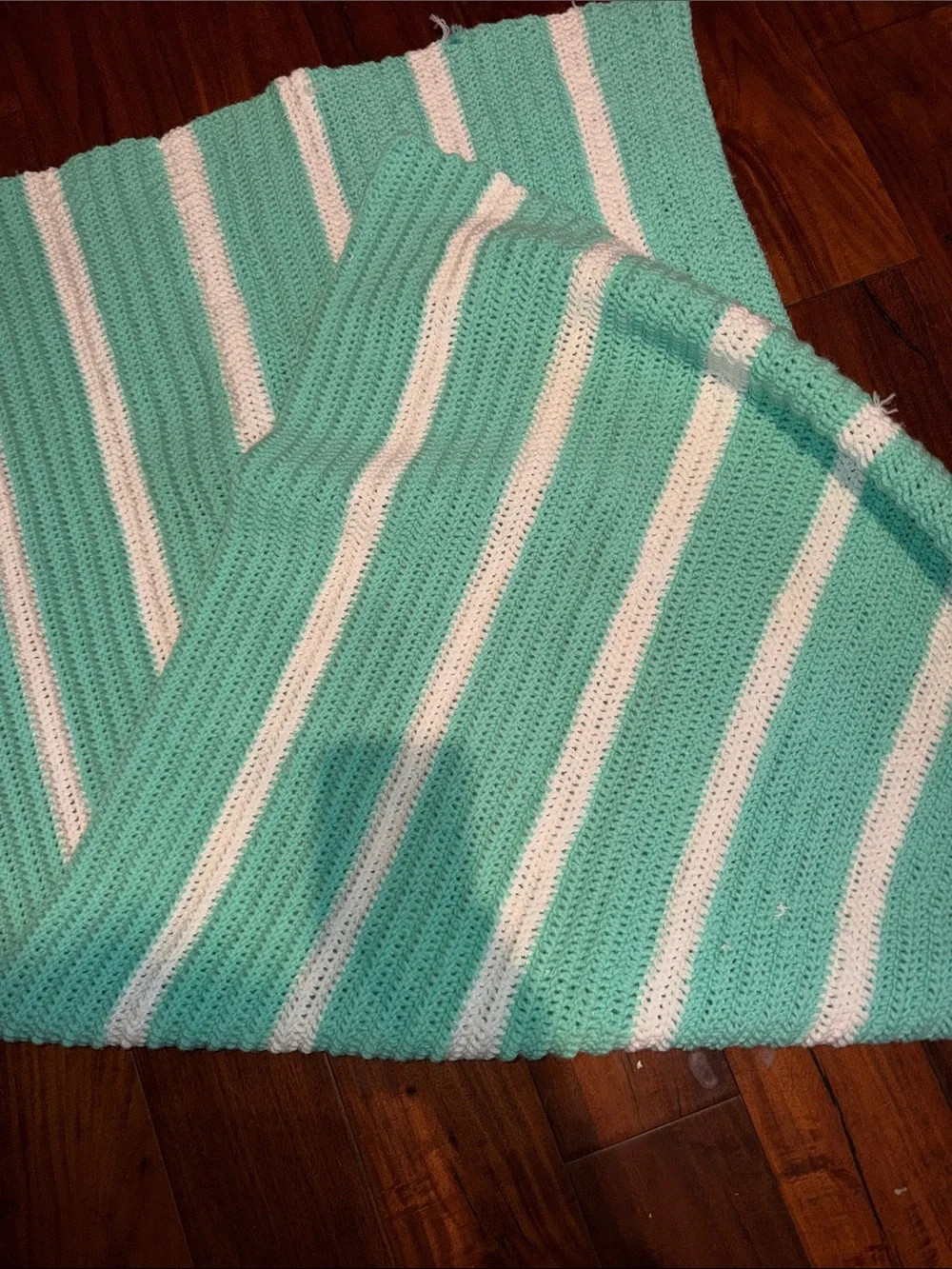 Aqua and White Striped hand Crochet Throw Blanket - Cozy Home Accent a